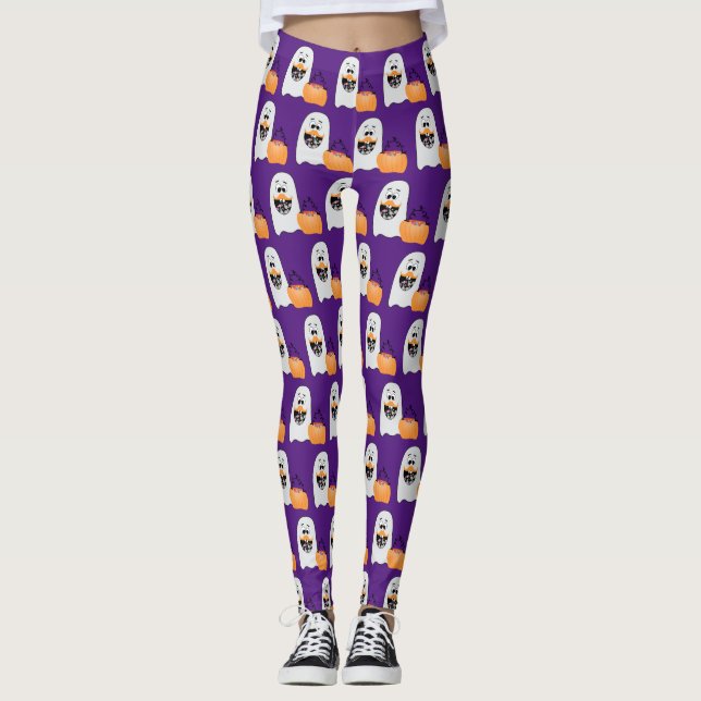 Cute Halloween Ghost pumpkin purple pattern Leggings (Front)