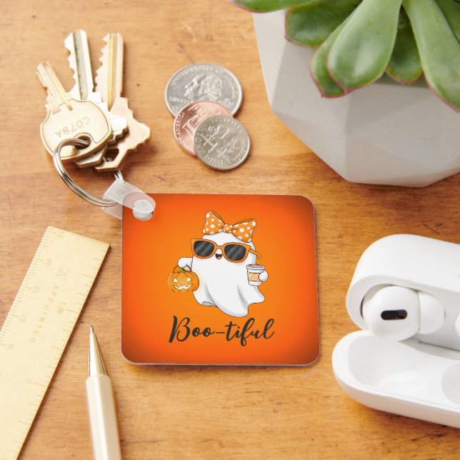 Cute Halloween Ghost Pumpkin Spice Personalised Key Ring (Desk)