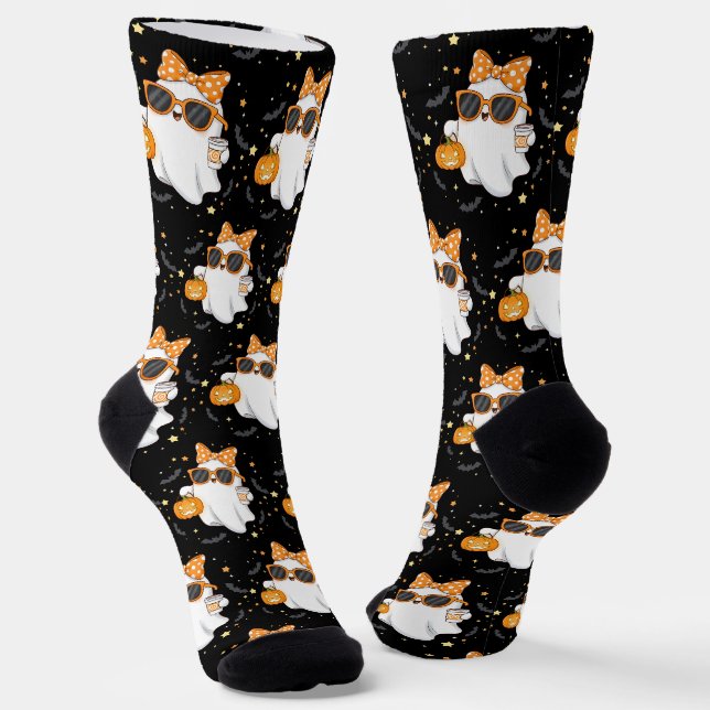 Cute Halloween Ghost Pumpkin Spice Personalised Socks (Angled)
