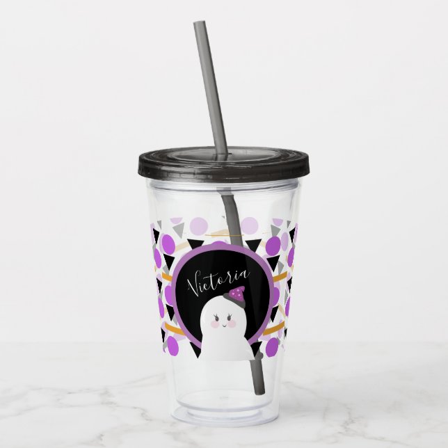 Cute Halloween Ghost Purple Name Acrylic Tumbler (Left)