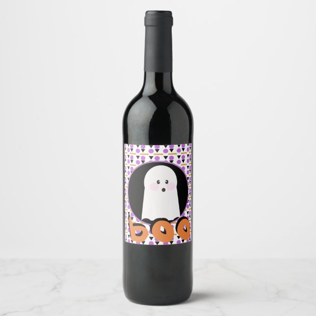 Cute Halloween Ghost Purple Orange Wine Label (Front)