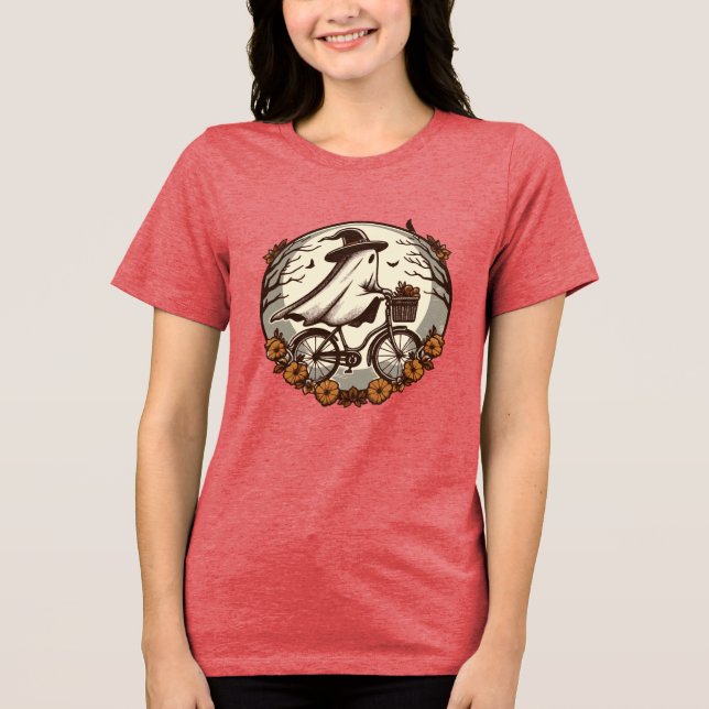 Cute Halloween Ghost Riding Bicycle Tri-Blend Shirt (Front)