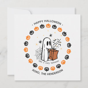 Cute Halloween Ghost Round Sticker Trick or Treat Invitation