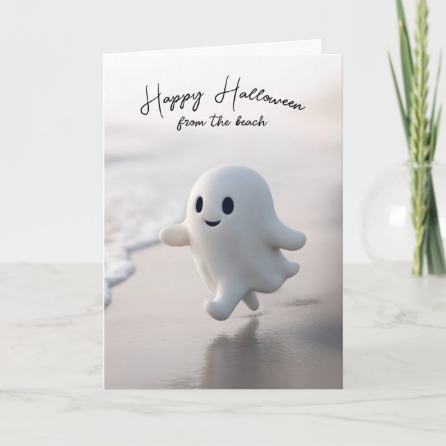 Cute Halloween Ghost Running On a Beach Card (Front)