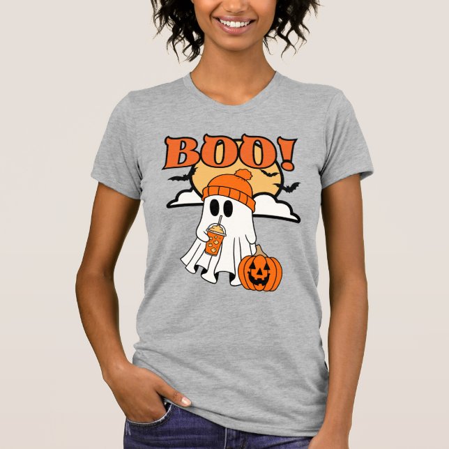 Cute Halloween Ghost Sipping on an Iced Latte T-Shirt (Front)
