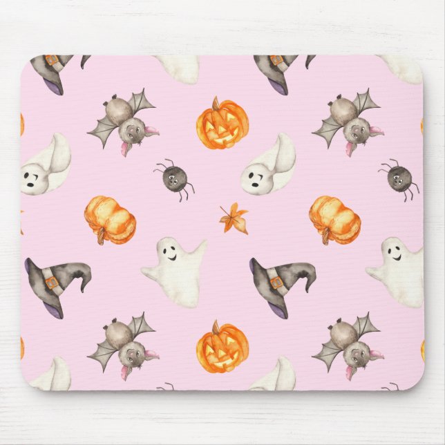 Cute Halloween Ghost Spider Hat Watercolor Pattern Mouse Pad (Front)