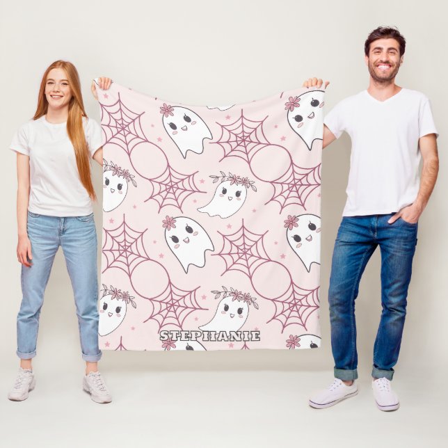 Cute Halloween Ghost & Spiderweb Pattern (2) Fleece Blanket (In Situ)