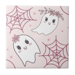 Cute Halloween Ghost & Spiderweb Pattern (2) Tile