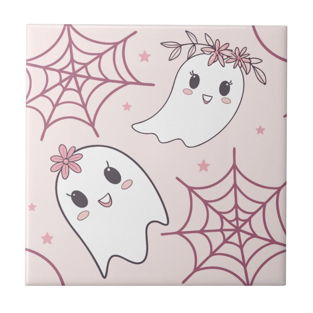 Cute Halloween Ghost & Spiderweb Pattern (2) Tile (Front)