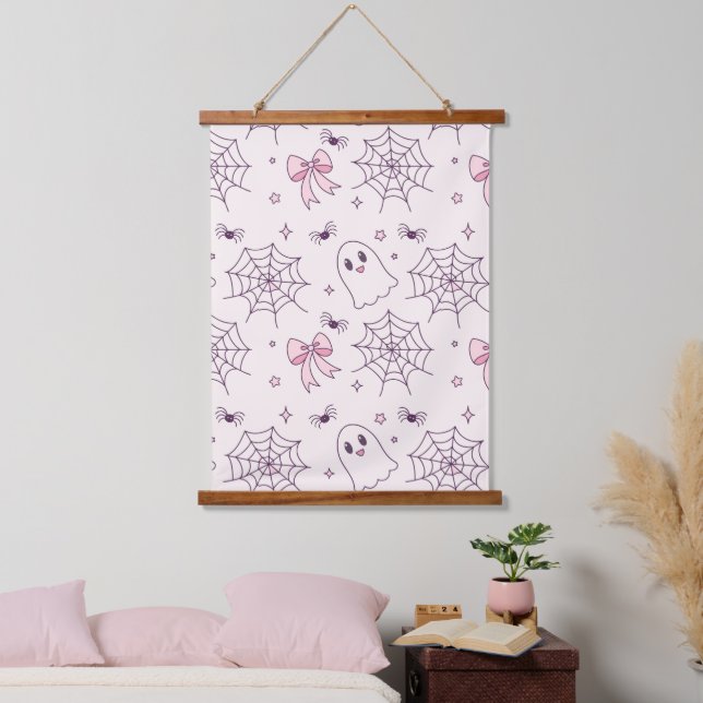 Cute Halloween Ghost & Spiderweb Pattern Hanging Tapestry (Bedroom)