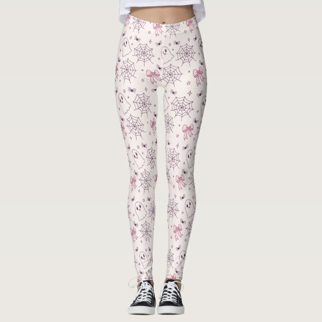Cute Halloween Ghost & Spiderweb Pattern Leggings (Front)