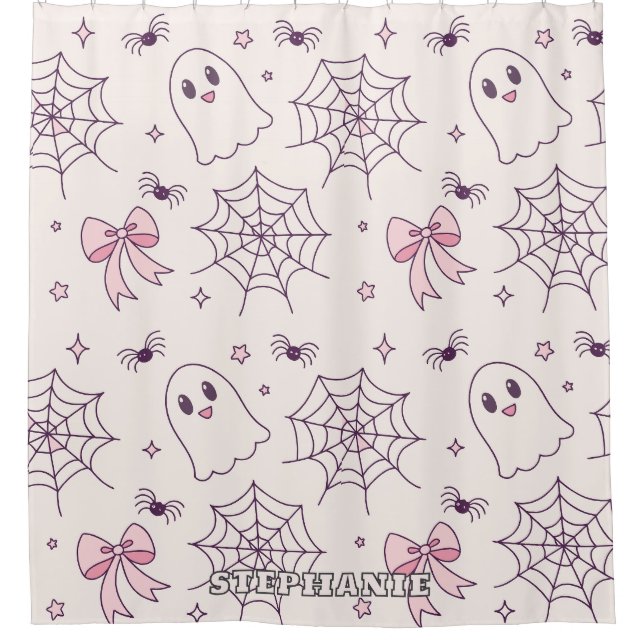 Cute Halloween Ghost & Spiderweb Pattern Shower Curtain (Front)
