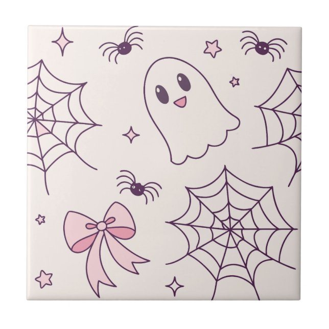 Cute Halloween Ghost & Spiderweb Pattern Tile (Front)