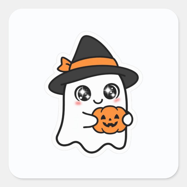 Cute Halloween Ghost Witch Pumpkin Square Sticker (Front)