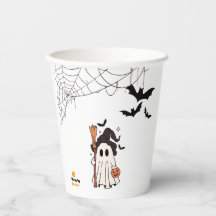Cute Halloween Ghost Witch with Broom and Pumpkin 