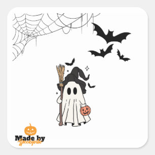 Cute Halloween Ghost Witch with Broom and Pumpkin Square Sticker