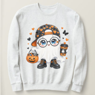 Cute Halloween Ghost with Coffee and Pumpkin Sweatshirt