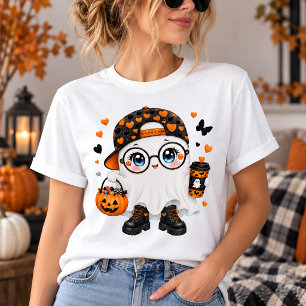 Cute Halloween Ghost with Coffee and Pumpkin T-Shirt