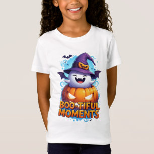 Cute Halloween Ghost With Flying Bats And Pumpkins T-Shirt