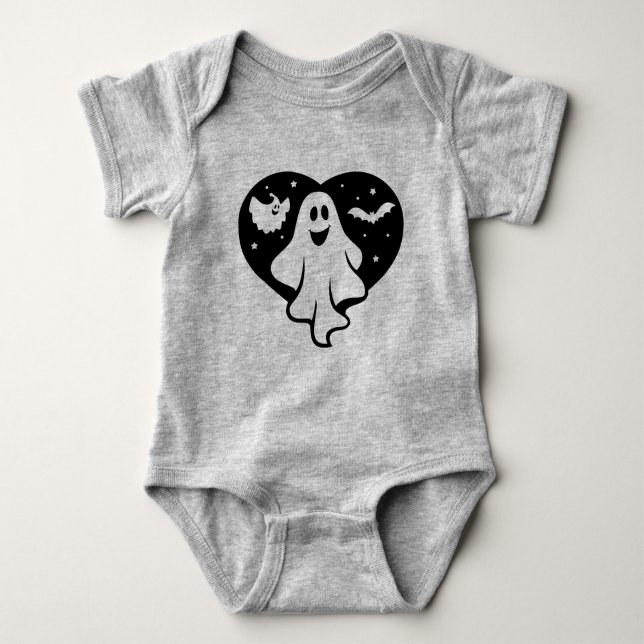Cute Halloween Ghost With Heart And Bat Baby Bodysuit (Front)
