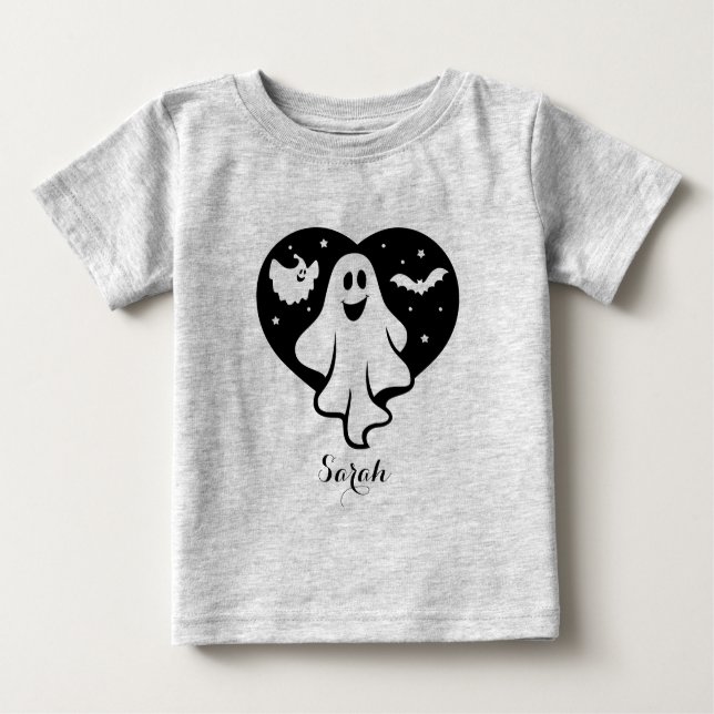 Cute Halloween Ghost With Heart And Bat Baby T-Shirt (Front)