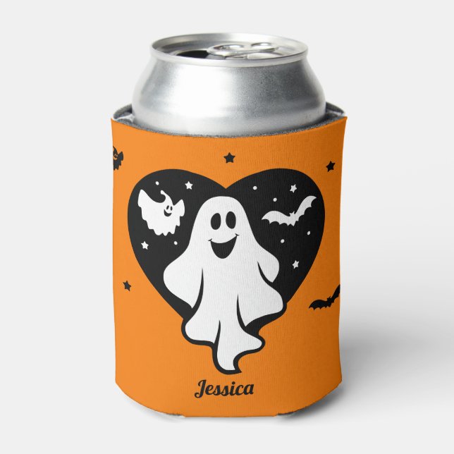 Cute Halloween Ghost With Heart And Bat Can Cooler (Can Front)