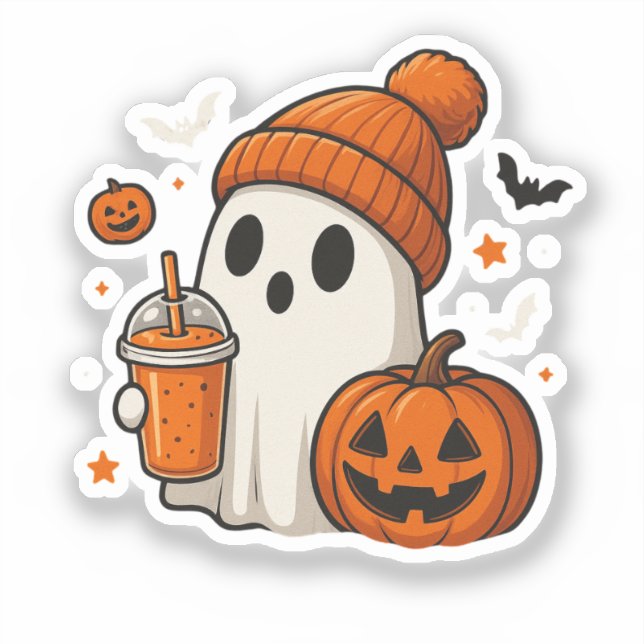 Cute Halloween Ghost with Pumpkin and Drink  (Front)