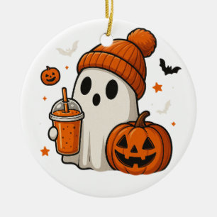Cute Halloween Ghost with Pumpkin and Drink  Ceramic Tree Decoration
