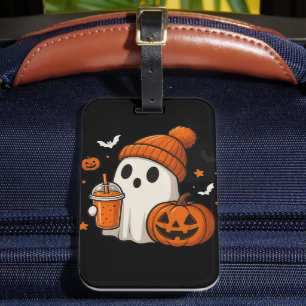 Cute Halloween Ghost with Pumpkin and Drink Luggage Tag