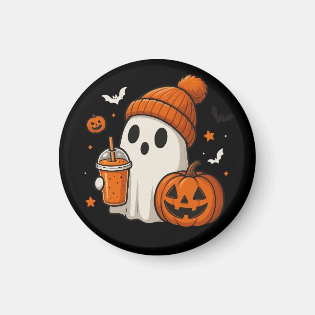 Cute Halloween Ghost with Pumpkin and Drink  Magnet (Front)