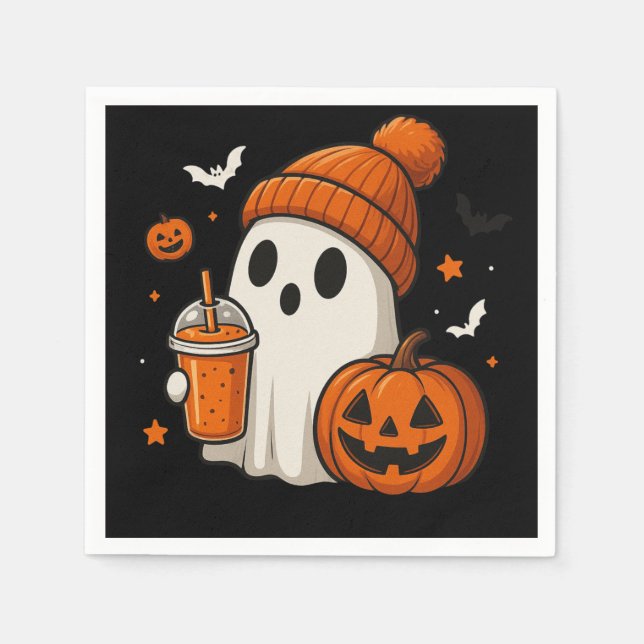 Cute Halloween Ghost with Pumpkin and Drink  Napkin (Front)
