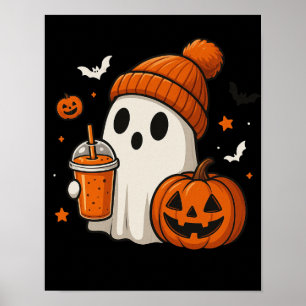 Cute Halloween Ghost with Pumpkin and Drink  Poster