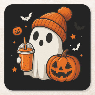 Cute Halloween Ghost with Pumpkin and Drink Square Paper Coaster