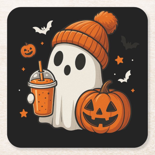 Cute Halloween Ghost with Pumpkin and Drink  Square Paper Coaster (Front)