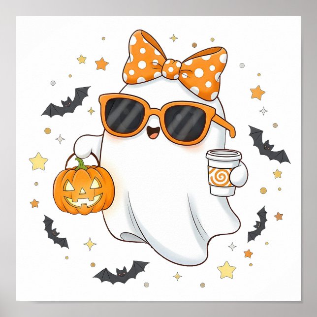Cute Halloween Ghost with Pumpkin Poster (Front)