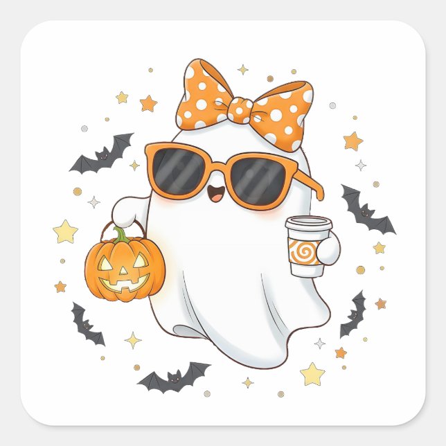 Cute Halloween Ghost with Pumpkin Square Sticker (Front)