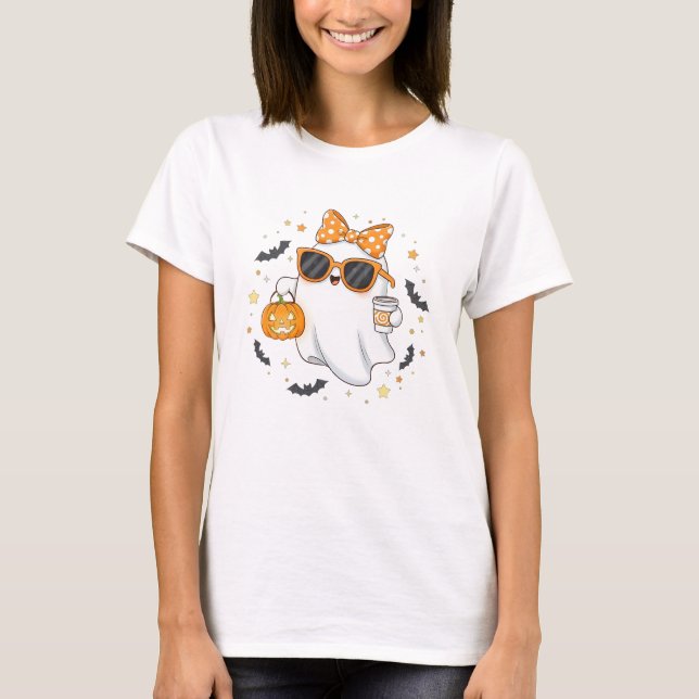 Cute Halloween Ghost with Pumpkin T-Shirt (Front)