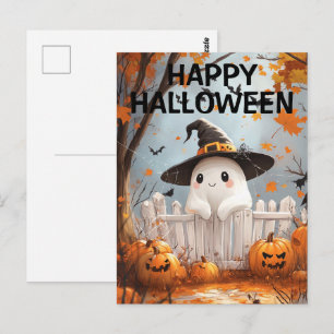 Cute Halloween Ghost with Pumpkins and Bats Postcard