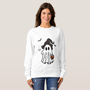 Cute Halloween Ghost with Witch Hat and Pumpkin Sweatshirt