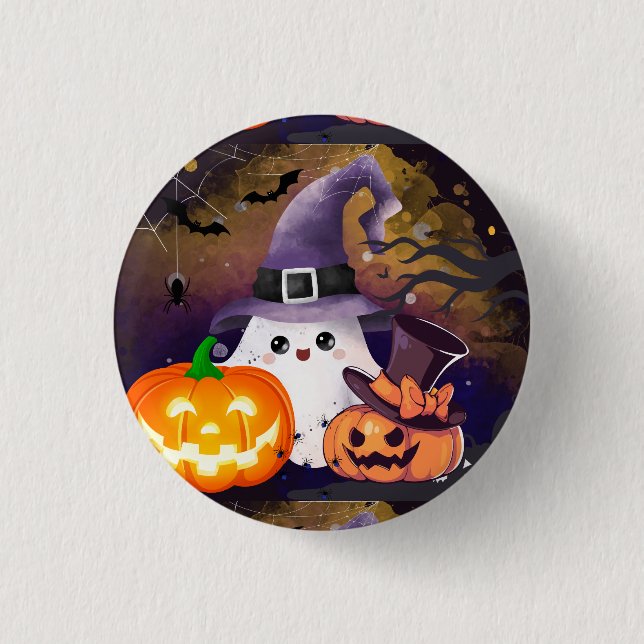 Cute Halloween Ghost with Witch Hat and Pumpkins 3 Cm Round Badge (Front)