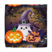 Cute Halloween Ghost with Witch Hat and Pumpkins