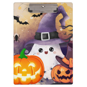 Cute Halloween Ghost with Witch Hat and Pumpkins Clipboard