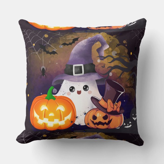 Cute Halloween Ghost with Witch Hat and Pumpkins Cushion (Front)