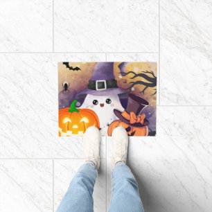 Cute Halloween Ghost with Witch Hat and Pumpkins Doormat