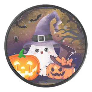 Cute Halloween Ghost with Witch Hat and Pumpkins Hockey Puck