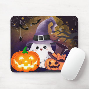 Cute Halloween Ghost with Witch Hat and Pumpkins Mouse Pad