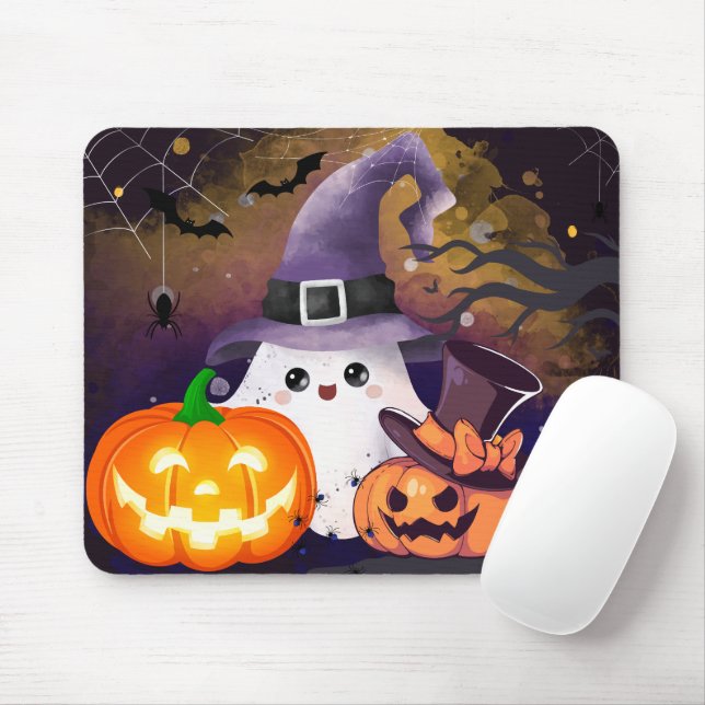 Cute Halloween Ghost with Witch Hat and Pumpkins Mouse Pad (With Mouse)