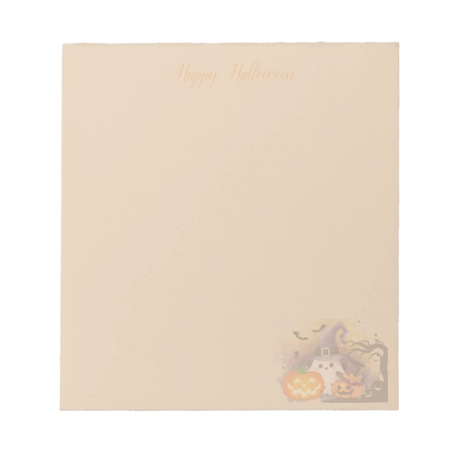 Cute Halloween Ghost with Witch Hat and Pumpkins Notepad (Front)