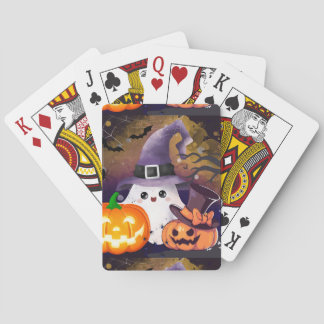 Cute Halloween Ghost with Witch Hat and Pumpkins Playing Cards