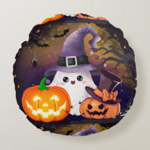Cute Halloween Ghost with Witch Hat and Pumpkins